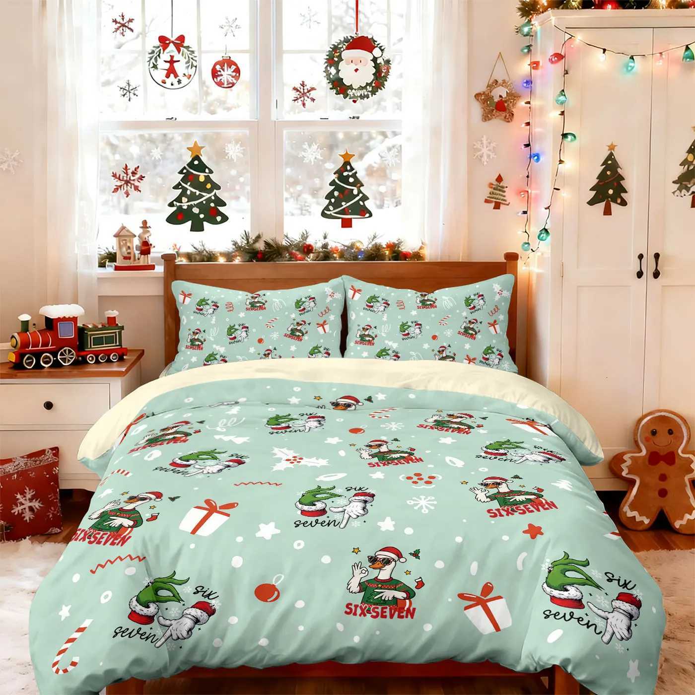 Christmas 3pcs Merry Christmas cartoon goose print coreless duvet cover set multi size bedroom bedding holiday decoration machine washable Y251126
