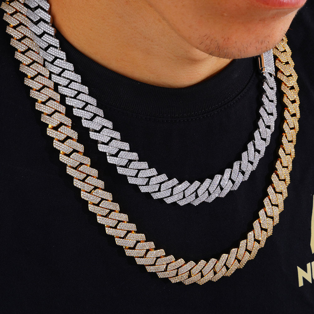 Three Rows Full Diamonds S925 Silver Moissanite Necklace for Men Hip Hop Rhombus Cuban Chain Style