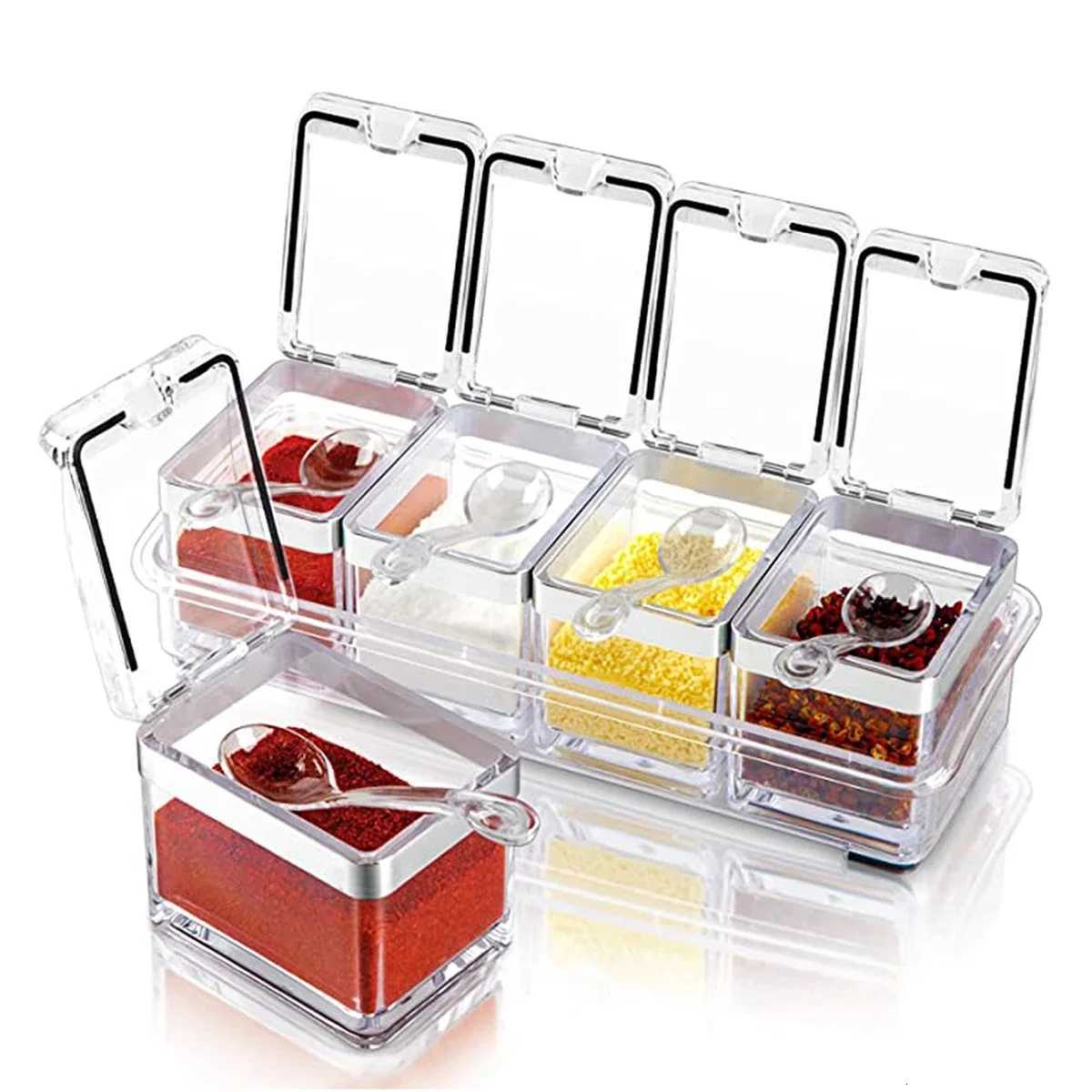 Clear Seasoning Box Set of 4 Crystal Seasoning Storage Container with Spoon Clear Seasoning Rack Spice Pots for Pepper Spice Y251126