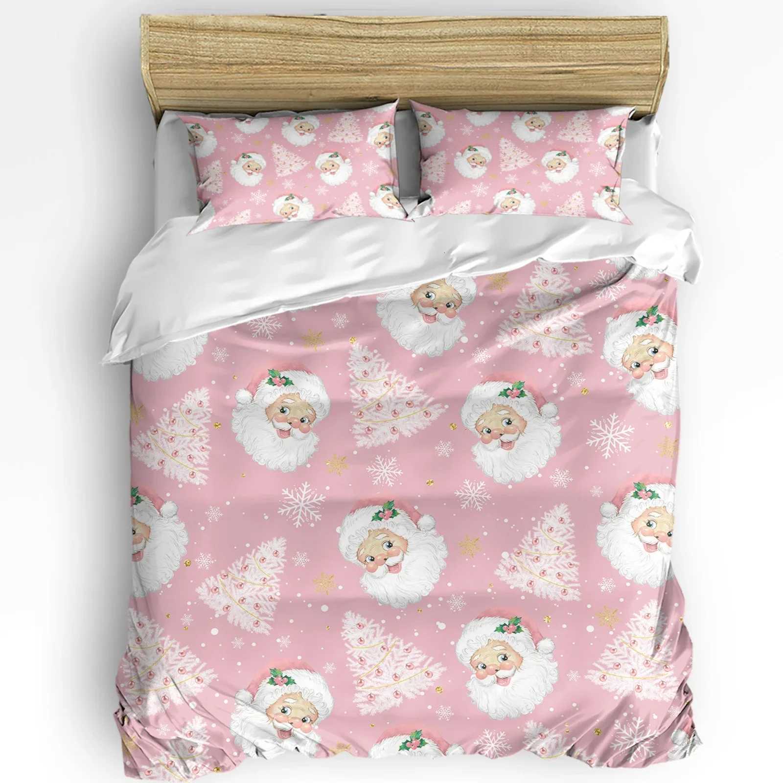 Christmas Christmas Santa Claus Snowflakes Pink Stripes 3pcs Bedding Set For Double Bed Home Textile Duvet Cover Quilt Cover Pillowcase Y251126
