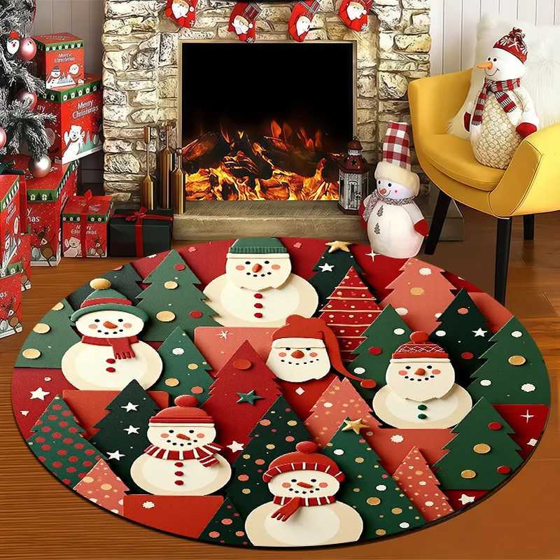 1pc Snowman Christmas Tree Round Mat - Red/Green/Golden Winter Mat with Non-Slip Backing Machine Washable Soft Mat for RoomM251126