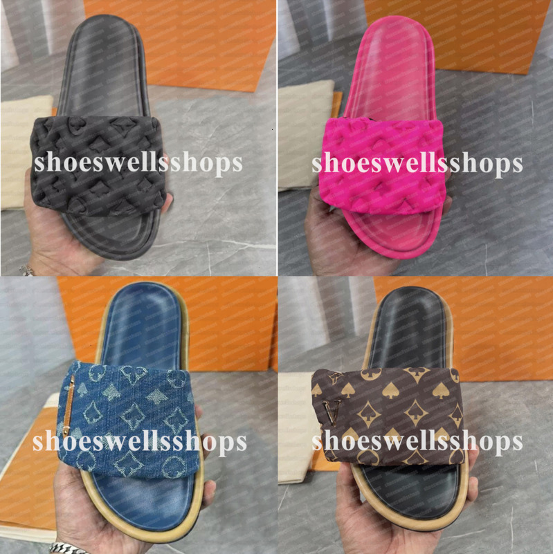 Designer lvities shoes Slipper Slides Pool Pillow Men Sandals Women Platform Slipper Classic Brand Summer Scuffs Flat Comfort Mule Denim Embossed Slide Soft Sandal