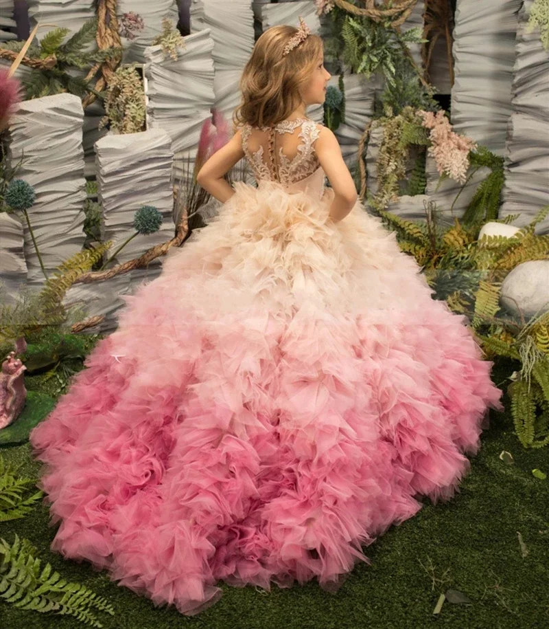 Customized Pink Girl Princess Dress Lace Puffy Flower Girl Dresses Sleeve Cute Girl Birthday Dress Wedding Party Baby 251124