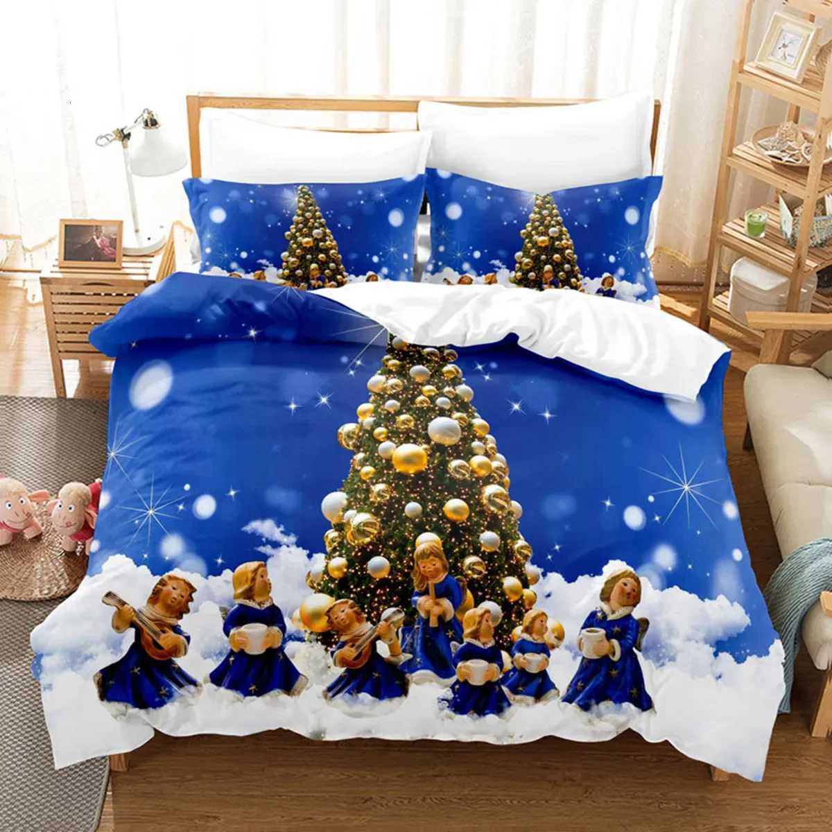 Christmas Christmas Duvet Cover Queen King Golden Christmas Tree Blue White Bedding Set Warm Christmas Gifts Room Decoration Children Kids Y251126