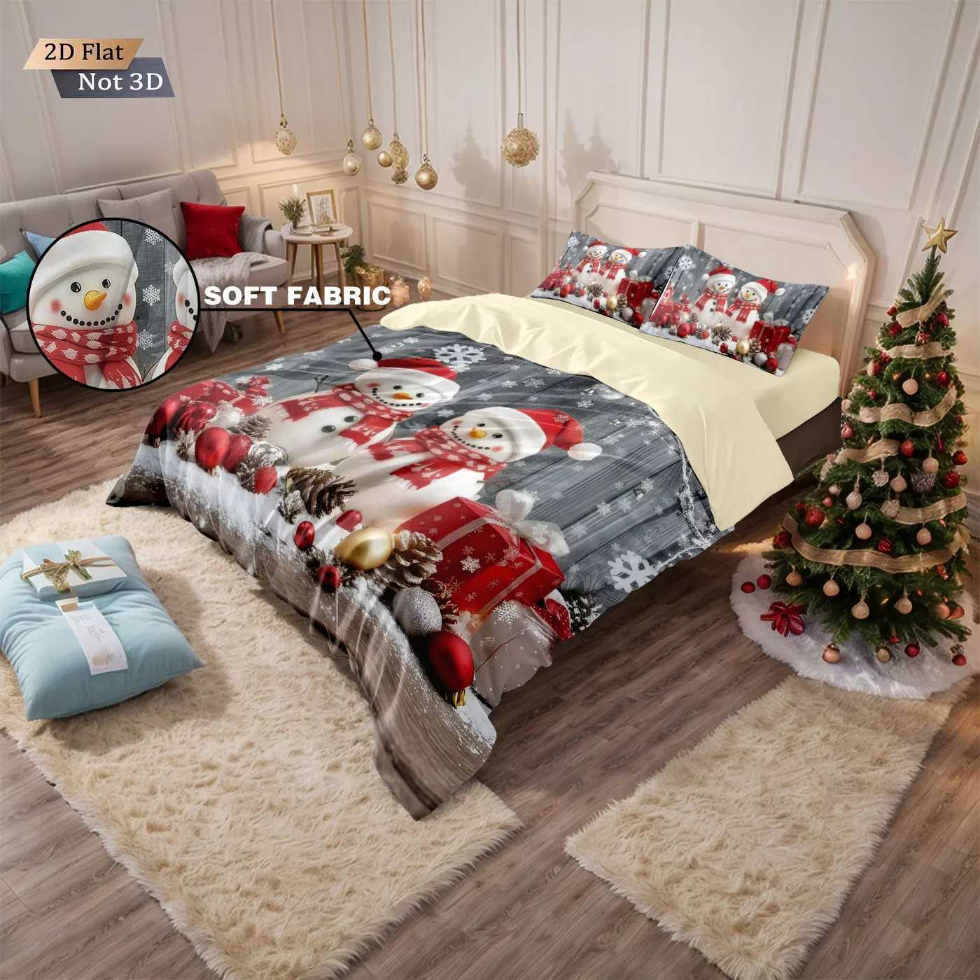 Christmas 3pcs Merry Christmas snowman print coreless down comforter set multi size bedroom bedding holiday decoration machine washable Y251126