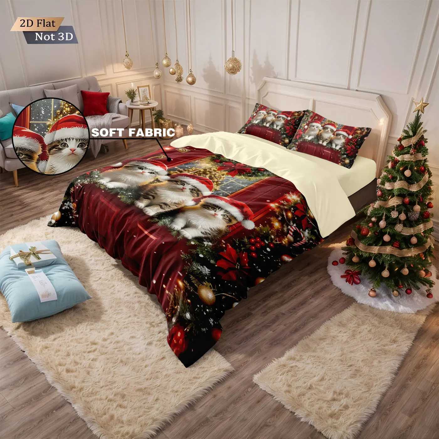 Christmas 3pcs red Christmas cat print coreless duvet set multi size bedroom holiday bedding holiday decorations machine washable Y251126