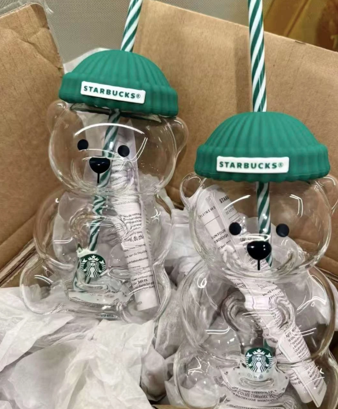 US Warehouse 20oz Star bucks Glass Bear Cup With Straw Cute Transparent Tumbler With Hat For Iced Coffee Cold Drink Christmas New Year Gift water bottle