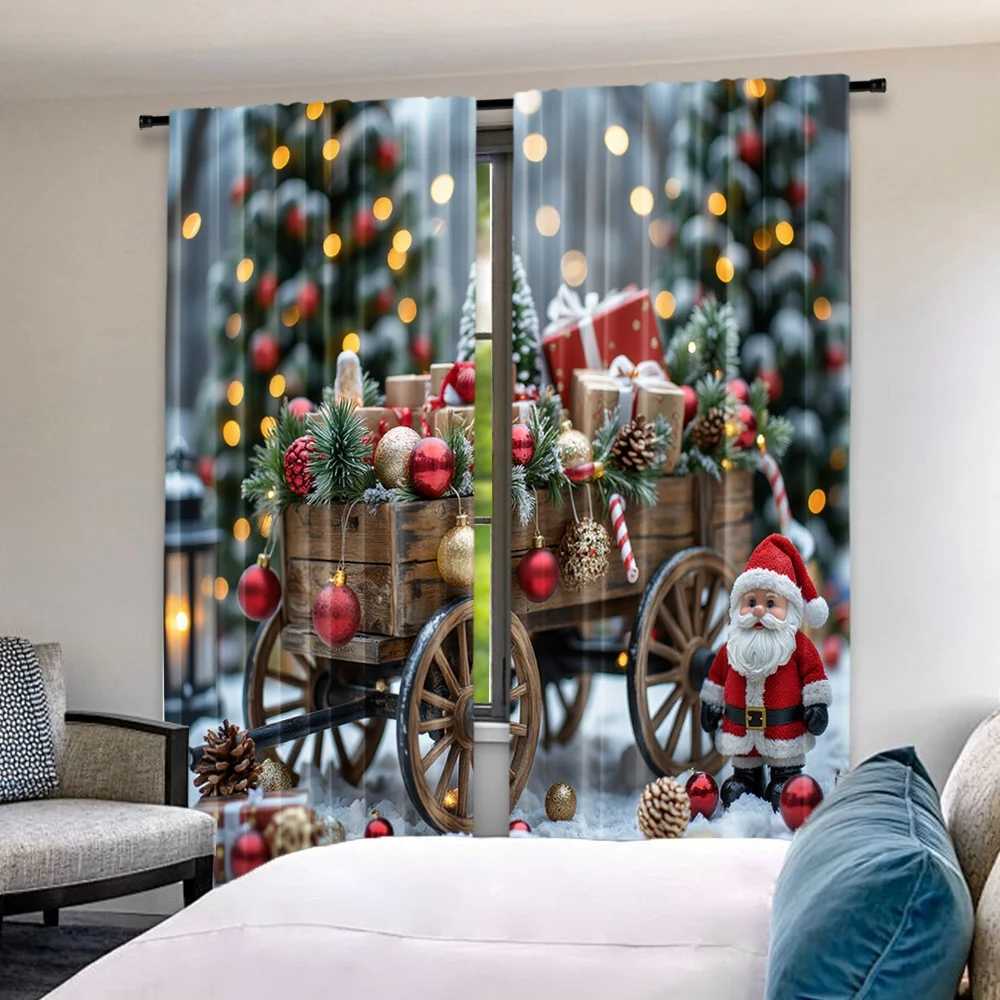 Curtain Christmas 2D flat printing 2pcs Christmas Hot Curtains Christmas red gift wagon Digital Printed Polyester Drapes Family Party Decoration Y2511