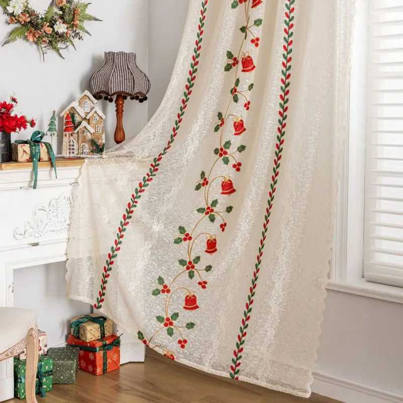 Curtain Christmas 2 Panel Santa Claus Lace Gauze Curtains Christmas Bell Embroidery Curtains Translucent Lace Curtains Home Decoration Curtains Y25112