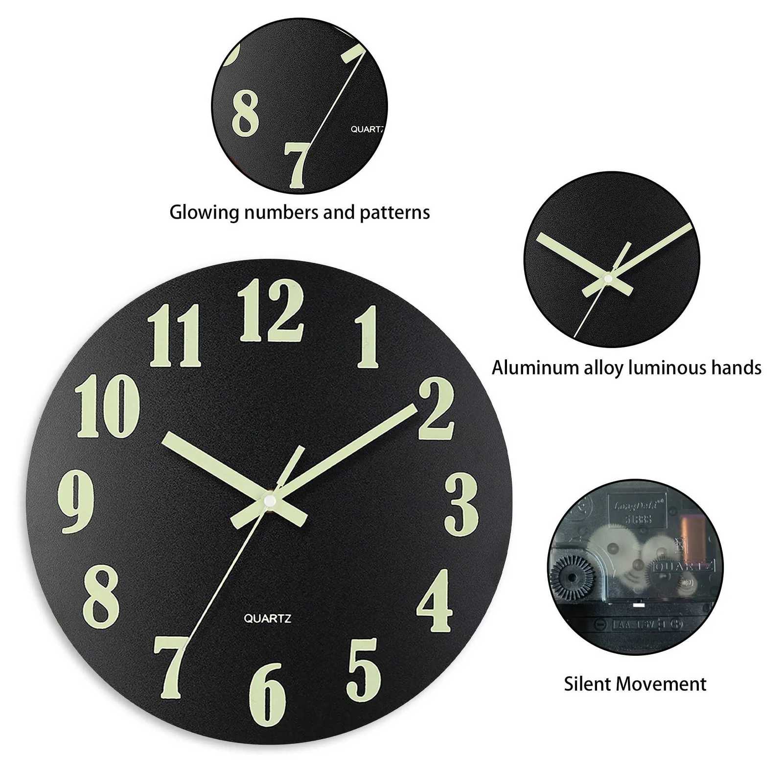 1009 Round Glow-in-the-Dark Wall Clock with Luminescent Numbers Quartz Movement Woodgrain Finish Perfect for Home Office C251126