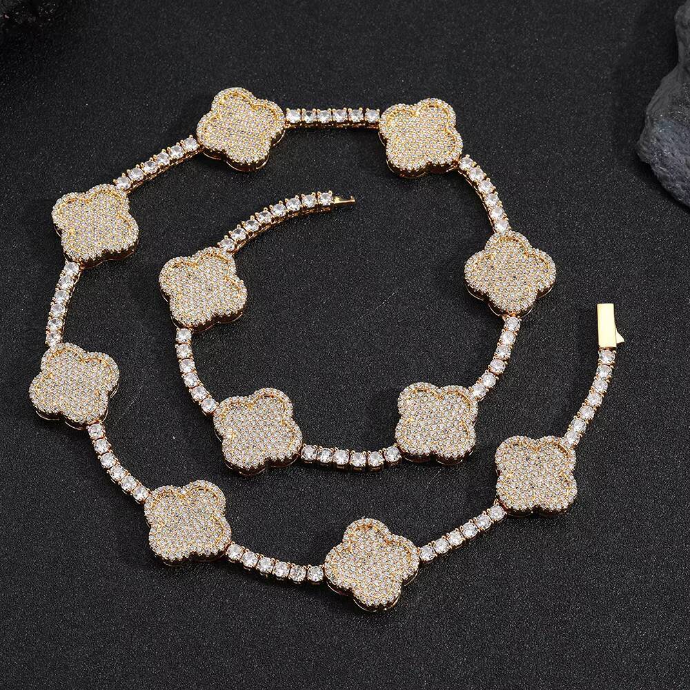 NUOYA Hip Hop Fine Jewelry Four-Leaf Clover Tennis Chain Necklace Women 18K Gold Plated 3a Zircon Iced Out Bling Diamond Chain