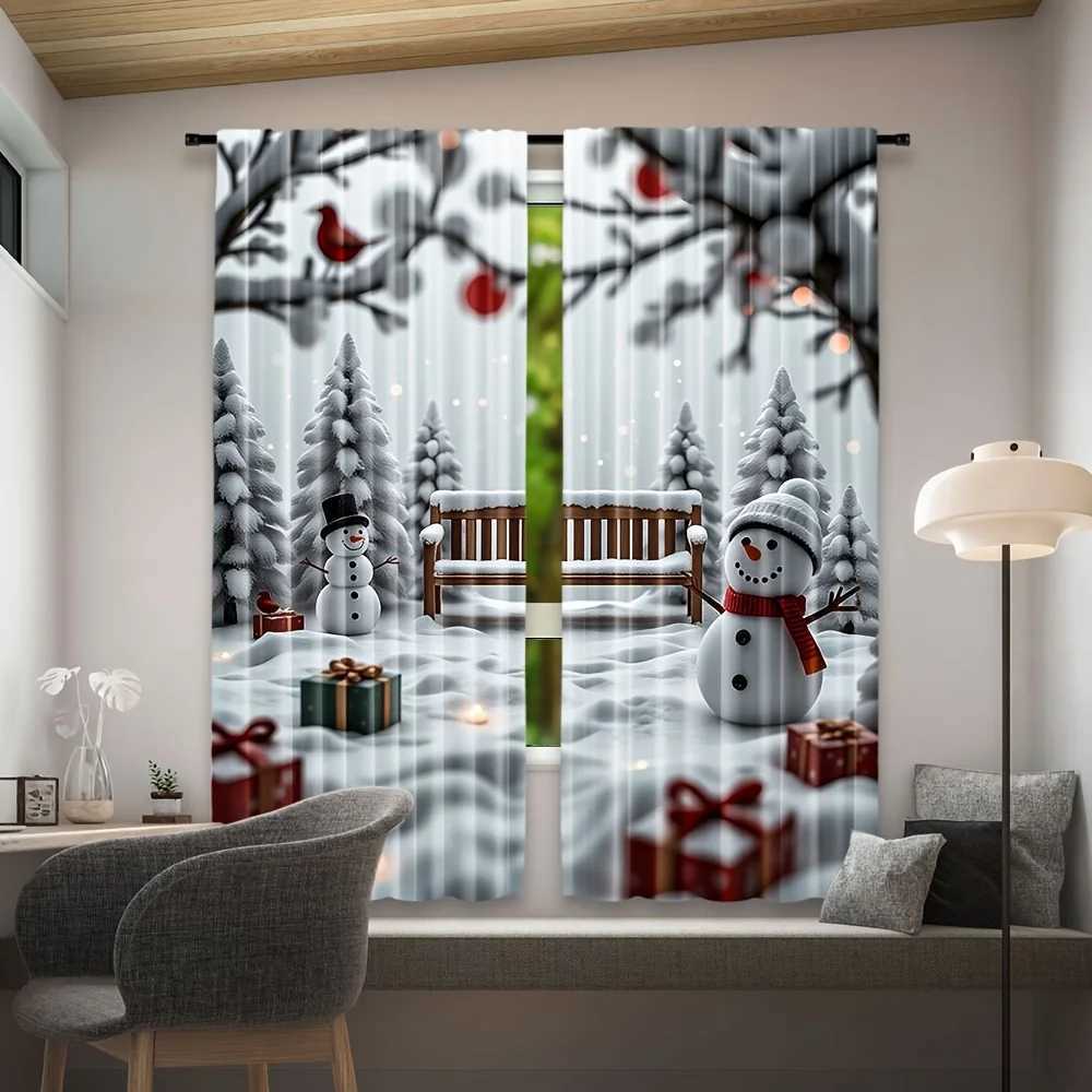 Curtain Christmas 2PC Snowman Cardinal Sheer Curtains Light-Filtering Polyester Snowy Forest Print Rod Pocket Top All-Season Holiday Decor Y251126