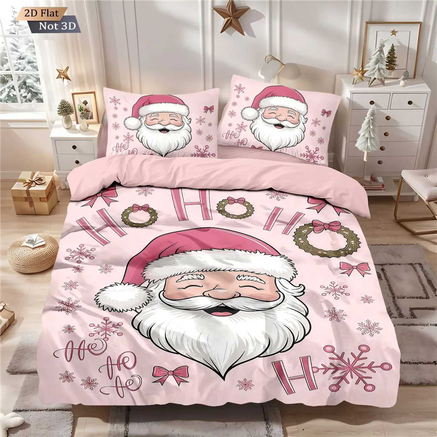 Christmas 3pcs pink Santa Claus printed coreless down duvet cover in multiple sizes soft bedroom bedding decoration machine washable Y251126