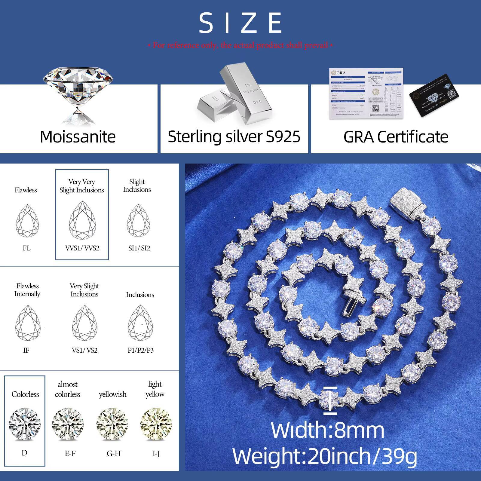 Dropshipping Valentines Day Gift 6mm 8mm 925 Sterling Silver VVS Moissanite Diamond Iced Star Cluster Tennis Chain Necklace