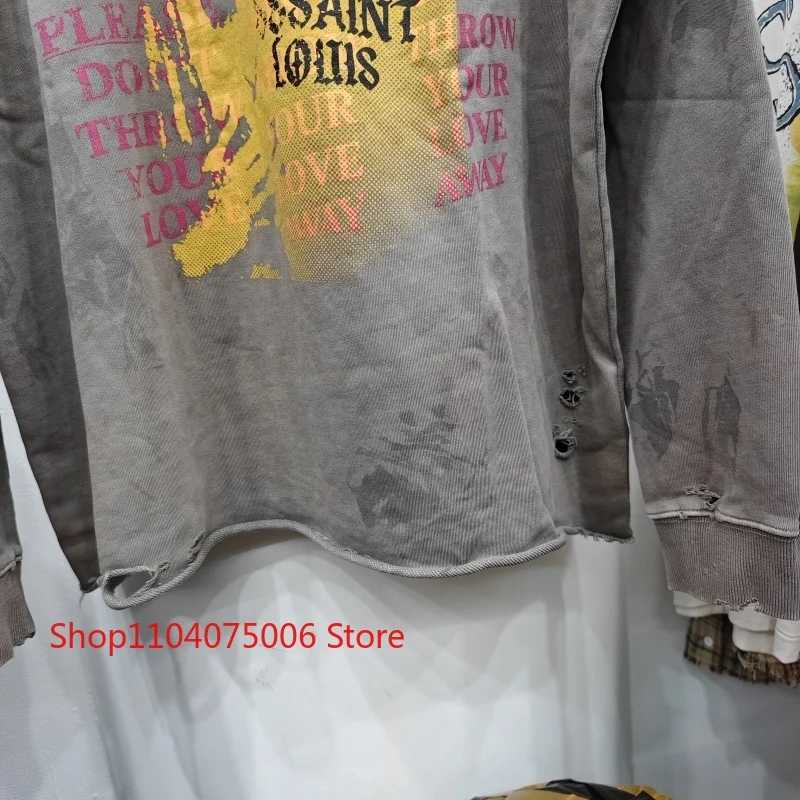 Fashion Saint Crewneck Sweatshirt Vintage Print Distressed Holes Washed Faded Unisex Oversize Casual Sportswear Y251125