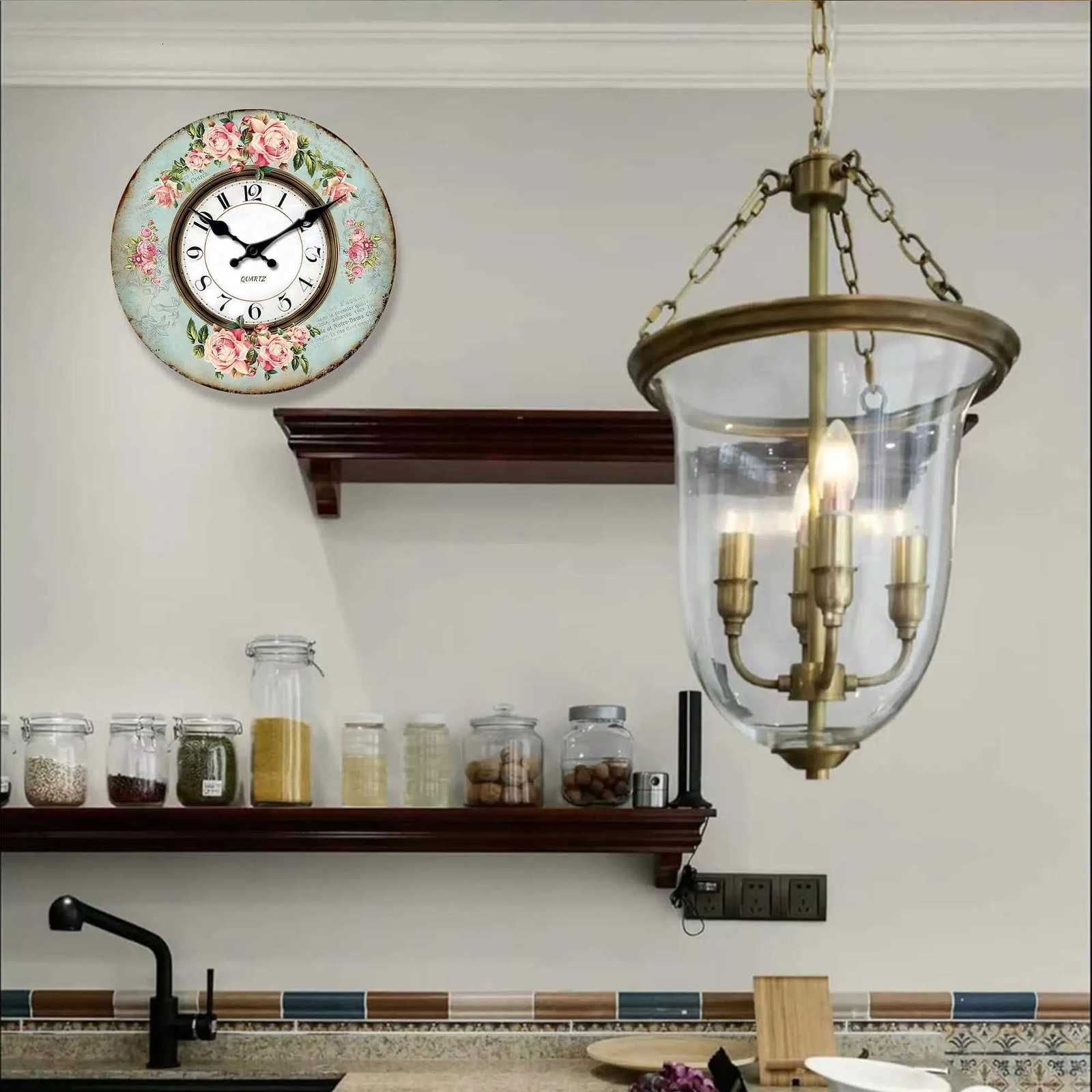 Retro romantic pink rose design light cyan wall clock 10-16 inches silent quartz suitable for living room bedroom patio C251126