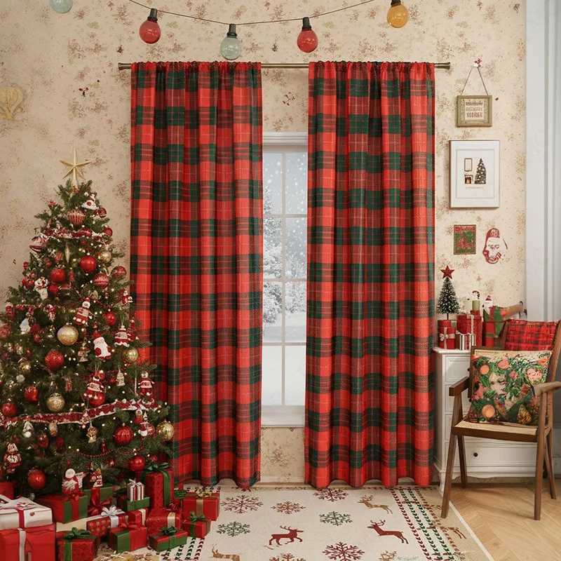 Christmas Christmas Plaid Pole Curtain Child Room Living Room Curtain Partition Home Interior Curtains Kitchen Bathroom Balcony Curtains Y251126