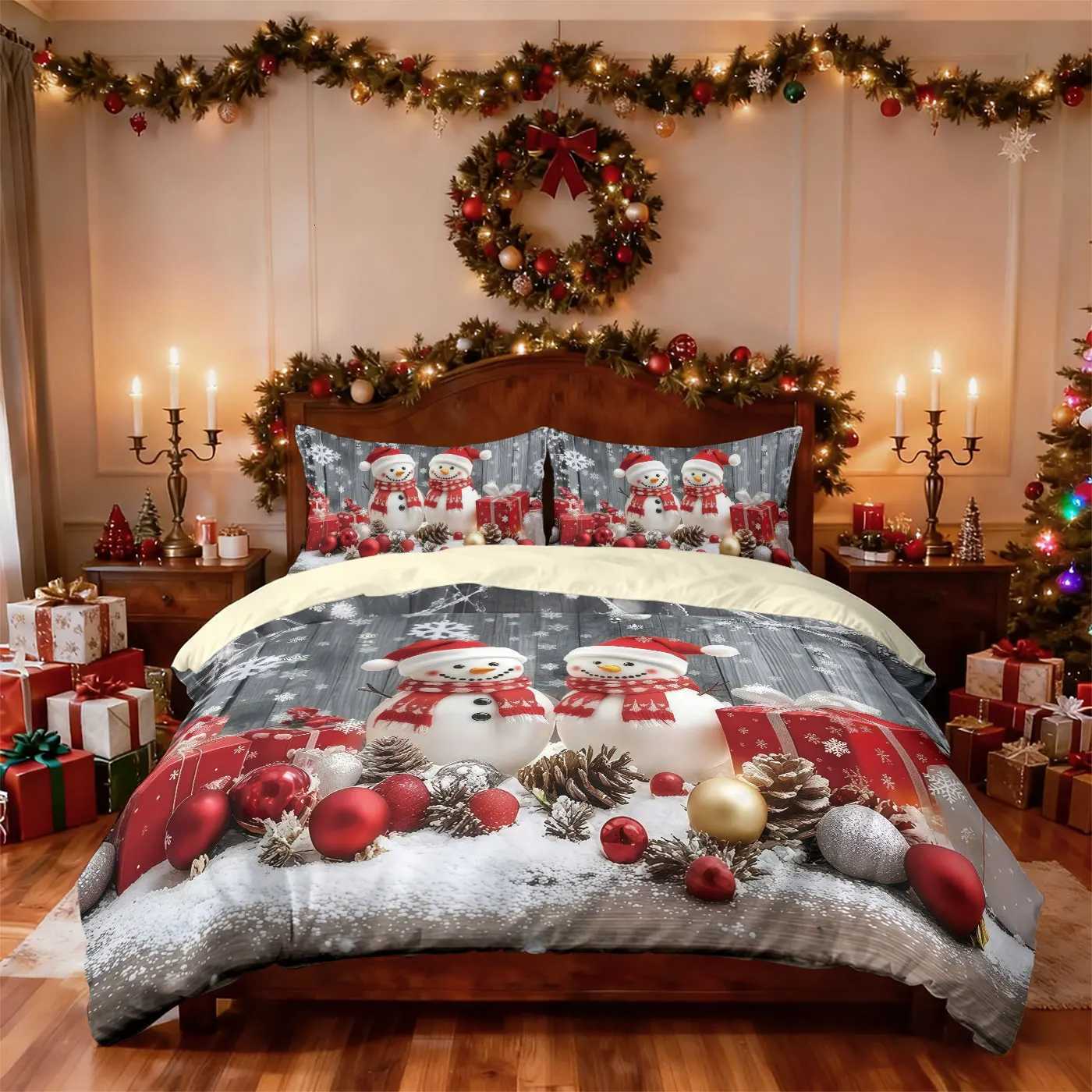 Christmas 3pcs Merry Christmas snowman print coreless down comforter set multi size bedroom bedding holiday decoration machine washable Y251126