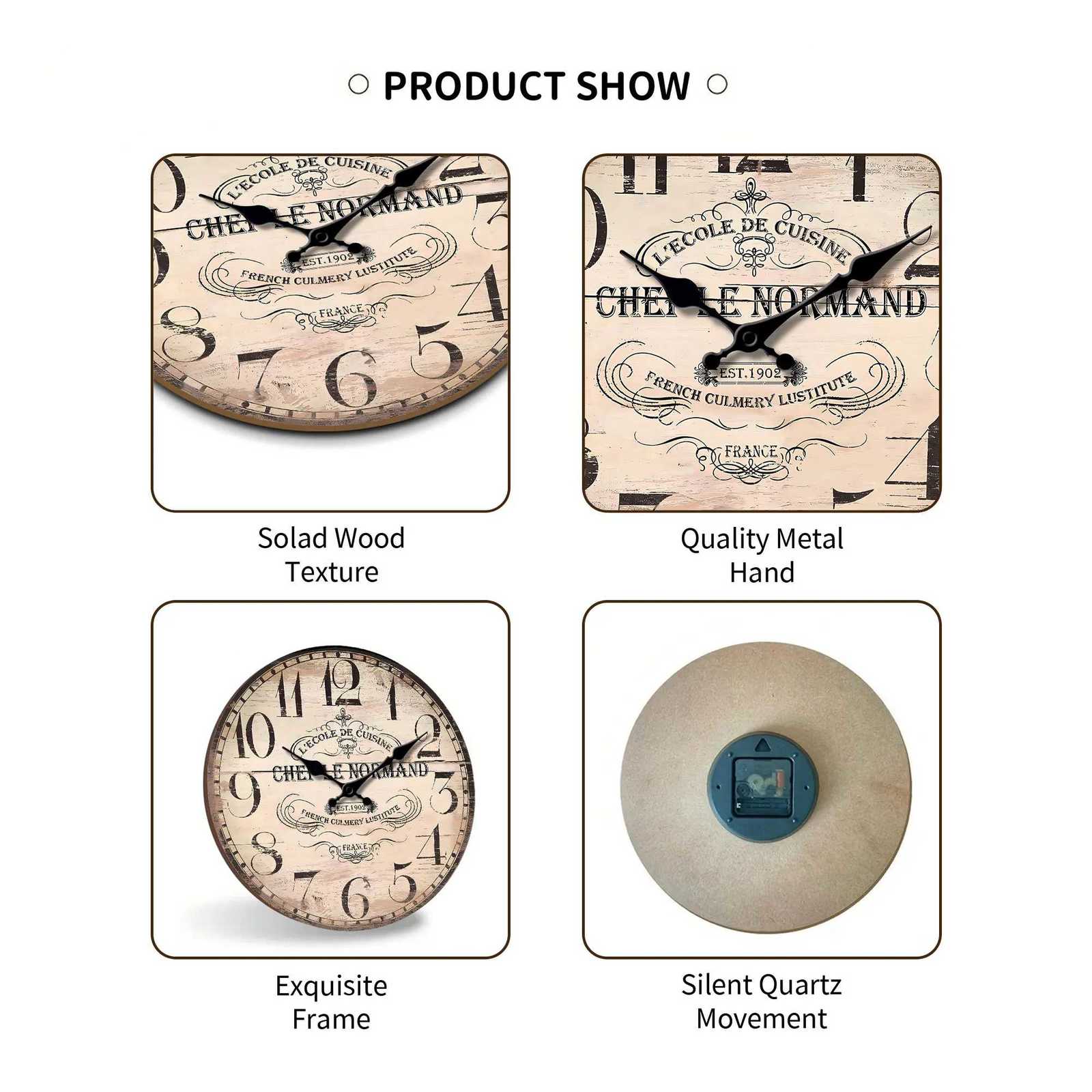 1pc Wooden veneer wall clock wall clock designed with vintage wood texture and French Culinary school theme Silent clock - for C251126