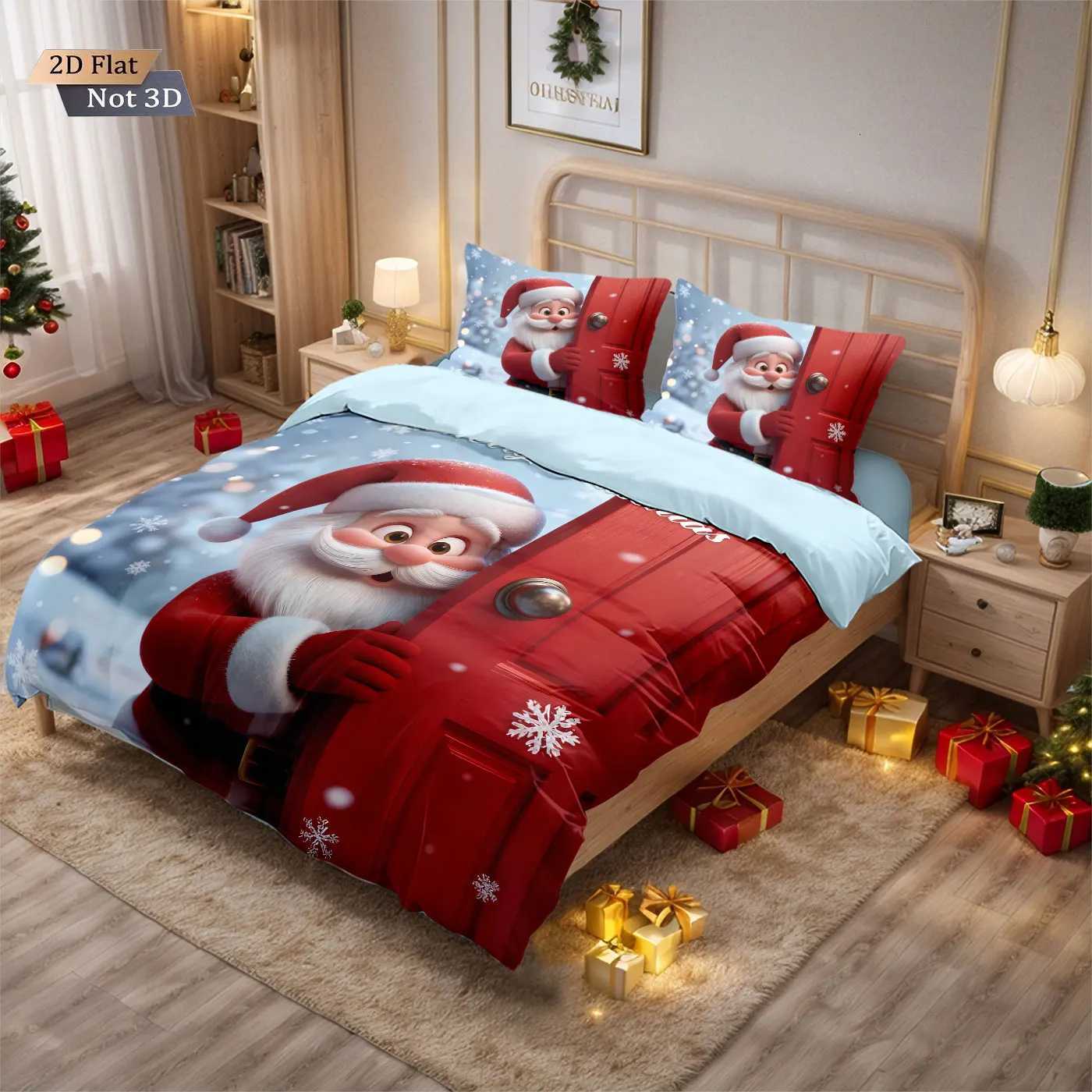 Christmas 3pcs cartoon Santa Claus printed coreless duvet set multi size bedroom bedding holiday decoration machine washable Y251126