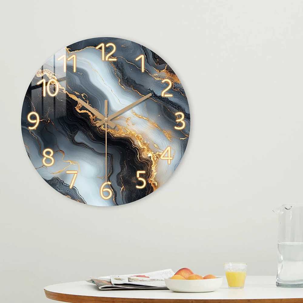 1 piece wooden wall clock fantasy theme - blue and gold marble - like texture pattern tempered film veneer silent clock suitab C251126
