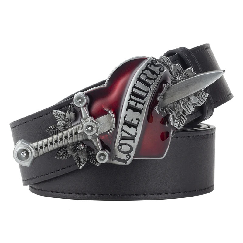 Cool Fashion Leather Belt Red Heart Love Hurts n Punk Rock Waistband Women Men Decorative belts Jeans Hip Hop Girdle 251126 - view 5