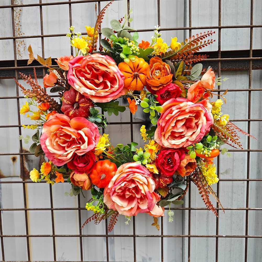 Peony Pumpkin Wreath Decorative Artificial Autumn Garland Festival Theme Farmhouse Party Decoration C251126