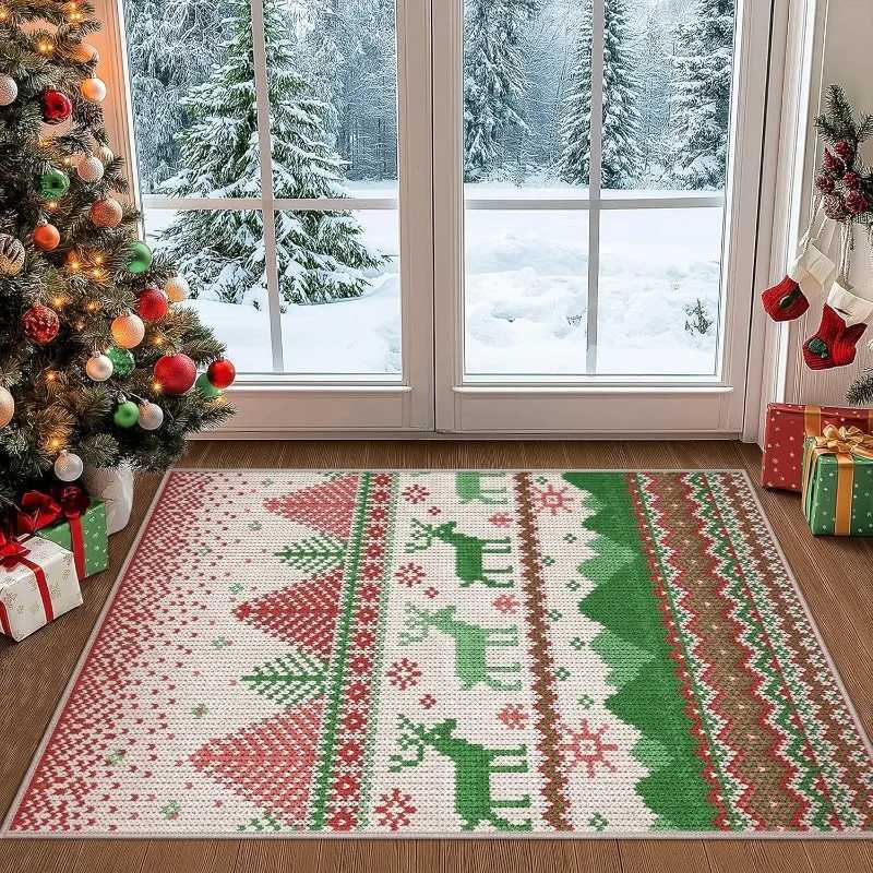Merry Christmas Holiday Rug All-Over Living Room Carpet Festive Door Mat Washable Decorative Floor Decor for Xmas Very BeautyM251126