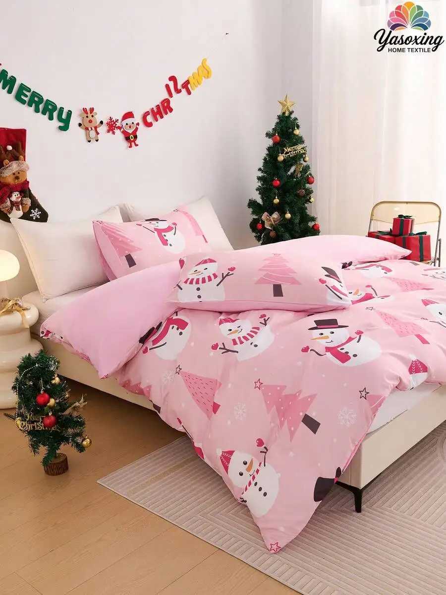 Christmas 2/3pcs Pink Christmas Snowflake Gift Gingerbread Man Snowman Pattern Reversible Color Duvet Cover Bedding Set Soft Breatheable Y251126