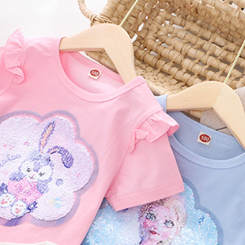 Disney baby designer clothing short sleeve clothes Color changing sequin short sleeve cotton T-shirt Summer children's clothes Baby girl casual w