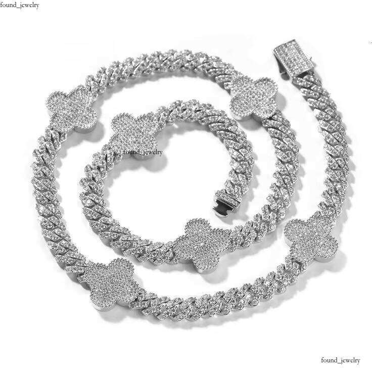 High Quality fashion Jewelry 18k Gold Plated Brass Necklace 8mm Cuban Chain VVS Moissanite Four Leaf Clover Bracelet