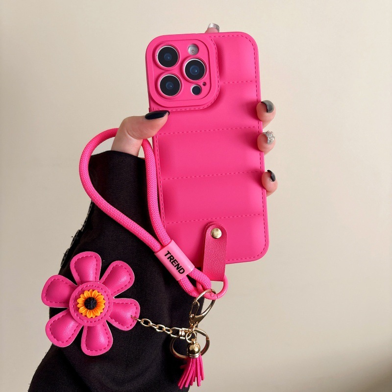 Solid Color Phone Case Compatible with iPhone 17 Pro Max Lanyard Sunflower Protective Case iPhone 16/15 Pro