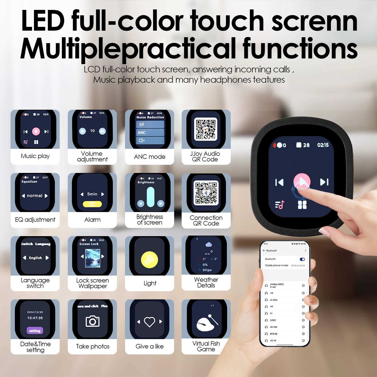 Siindoo JH-ANC930Plus Hybrid Wireless Headphone Active Noise Cancelling Headphones With Multi Magnetic Touch Control LED ScreenM251126