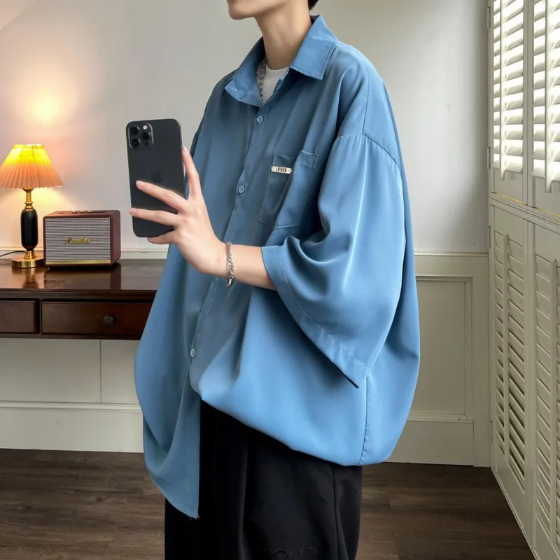 Summer Short sleeved Mens Social Mens Formal Dress Korean Loose Ice Silk Shirt Mens White Casual Shirt Large 250422