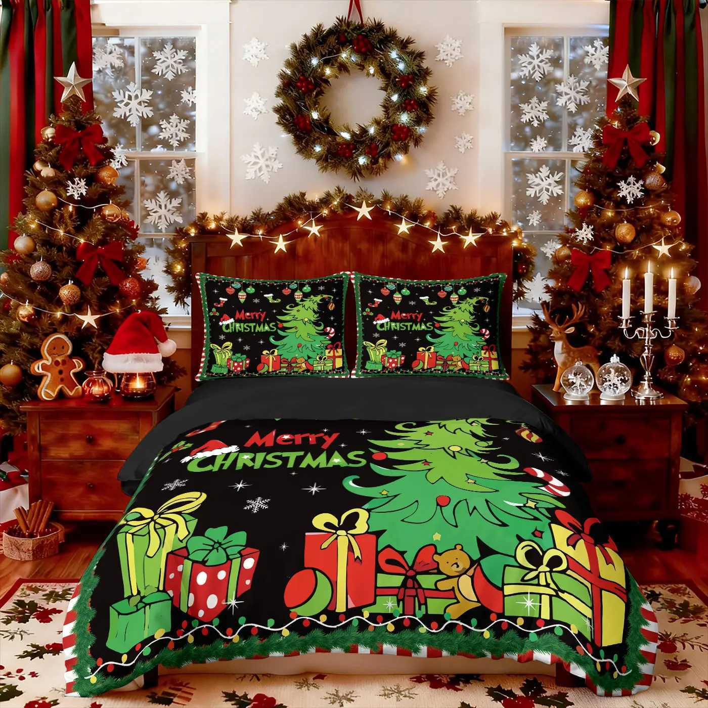 Christmas 3pcs cartoon Christmas tree HO element print coreless duvet cover set multi size bedroom holiday bedding decoration Y251126