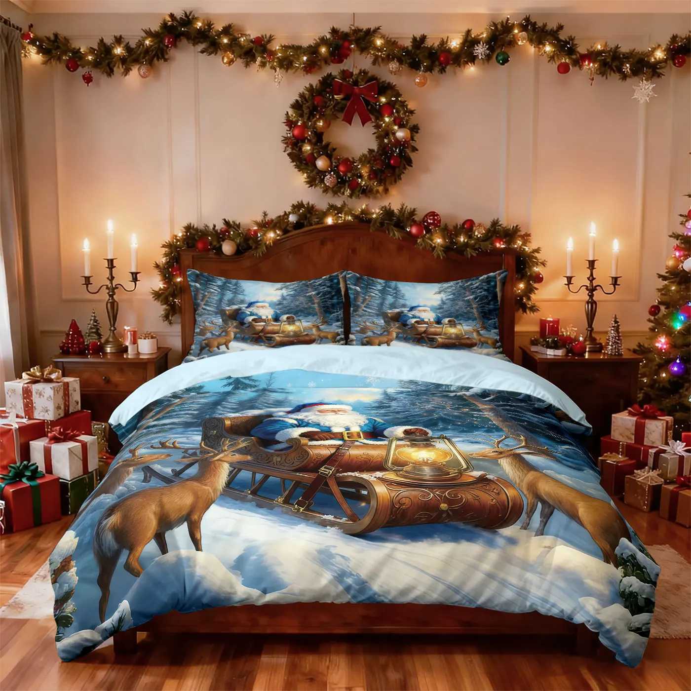 Christmas 3pcs Merry Christmas Santa Claus Printed Chipless Bedding Set Multi Size Bedding Decoration Comfortable and Machine Washable Y251126