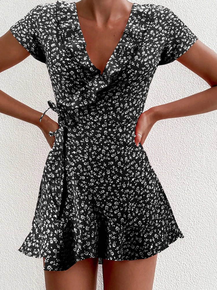 Summer Women's Floal A-Line Dress Sweet Elegant Floral Ruffles V-neck Bandage Short Dress for Lady Chic Flowers Mini Dress250522