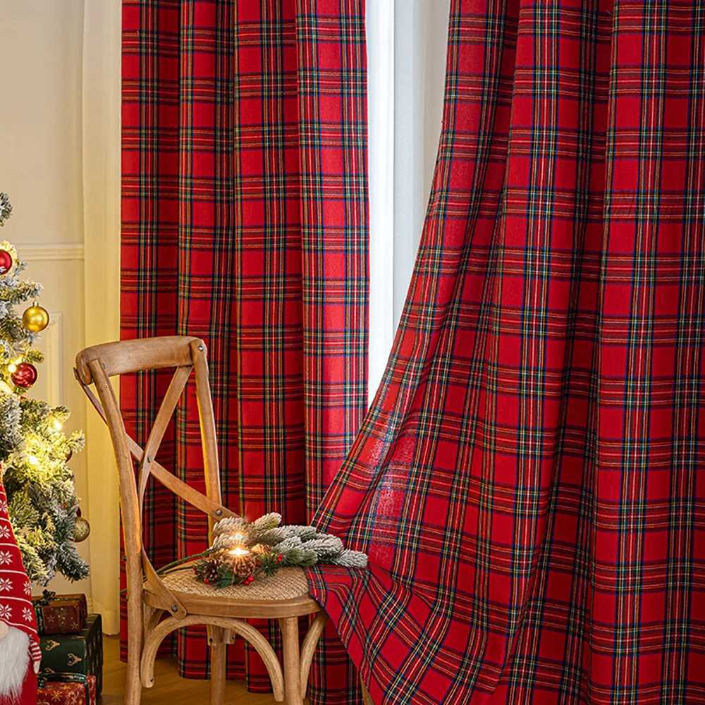 Curtain Christmas Semi-Blackout Windows Curtains Christmas Check Plaid Curtains for Bedroom Drapes in Living Room Redgreen Farmhouse Home Decor Y25112