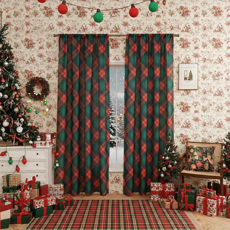 Curtain Christmas Christmas-themed Printed Curtains Vintage Green Plaid Are Rectangular Suitable for Bedroom Living Room Kitchen Home Decoration Y2511