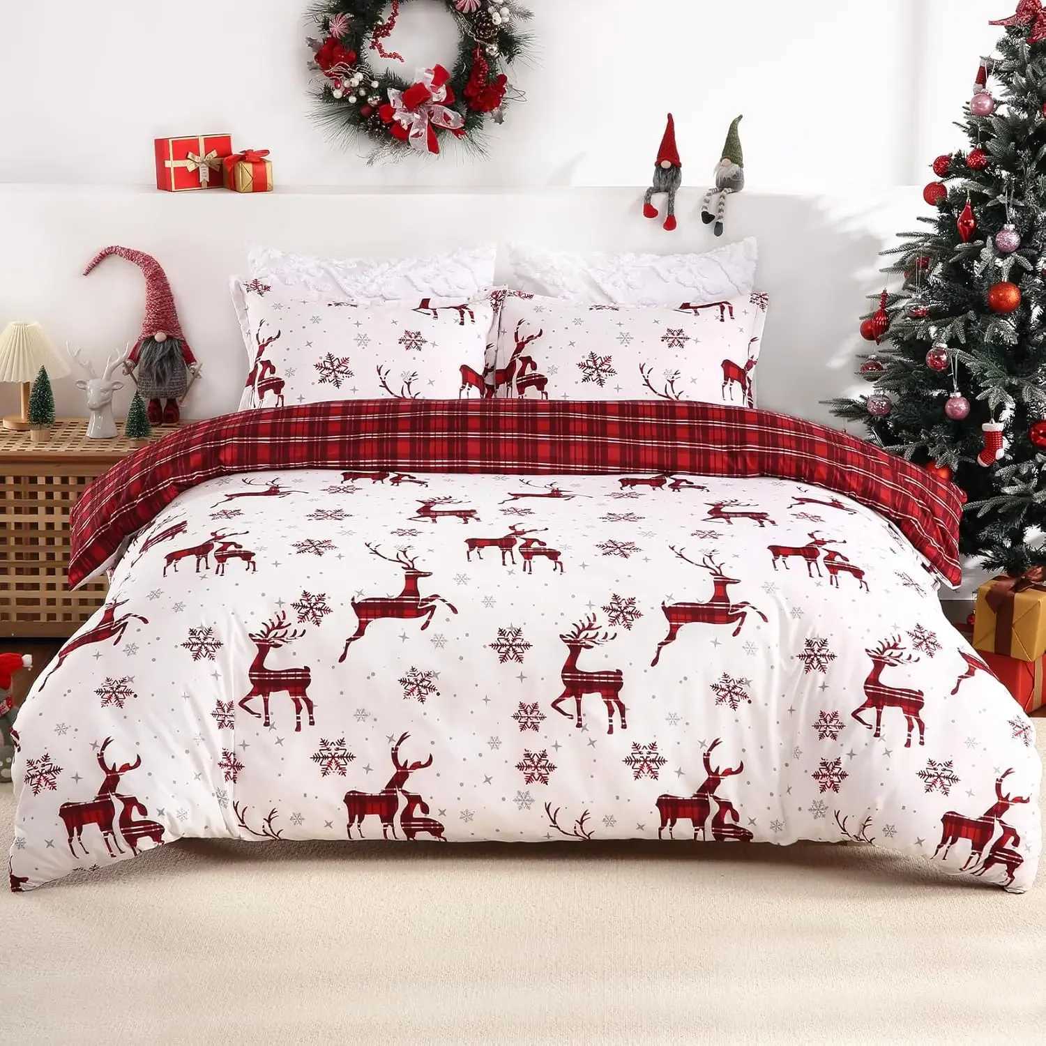 Christmas Merry Christmas Duvet Cover Christmas Elk Snowflakes Red Bedding Set Happy New Year Quilt Cover Holiday Gifts Bedroom Decoration Y251126