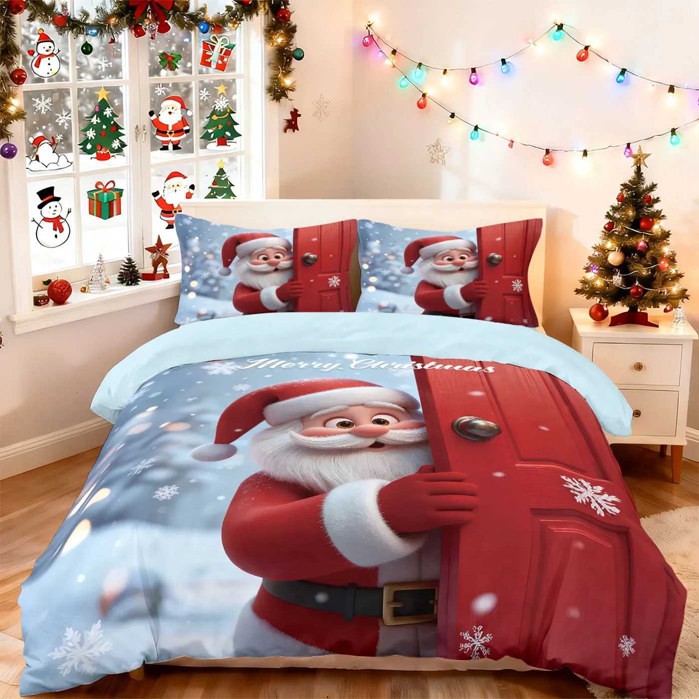 Christmas 3pcs cartoon Santa Claus printed coreless duvet set multi size bedroom bedding holiday decoration machine washable Y251126
