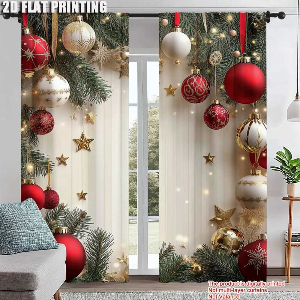 Curtain Christmas 2Pcs Festive Golden And Red Ball Pine Leaves Design Christmas Window Curtains Polyester Rod Pocket Design For Living Room Y251126