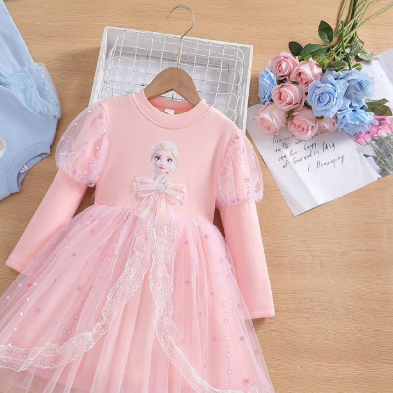 Disney designer children's clothing long-sleeved princess dress beach dress A-line skirt birthday dress for girls Frozen Elsa dress puffy dress C