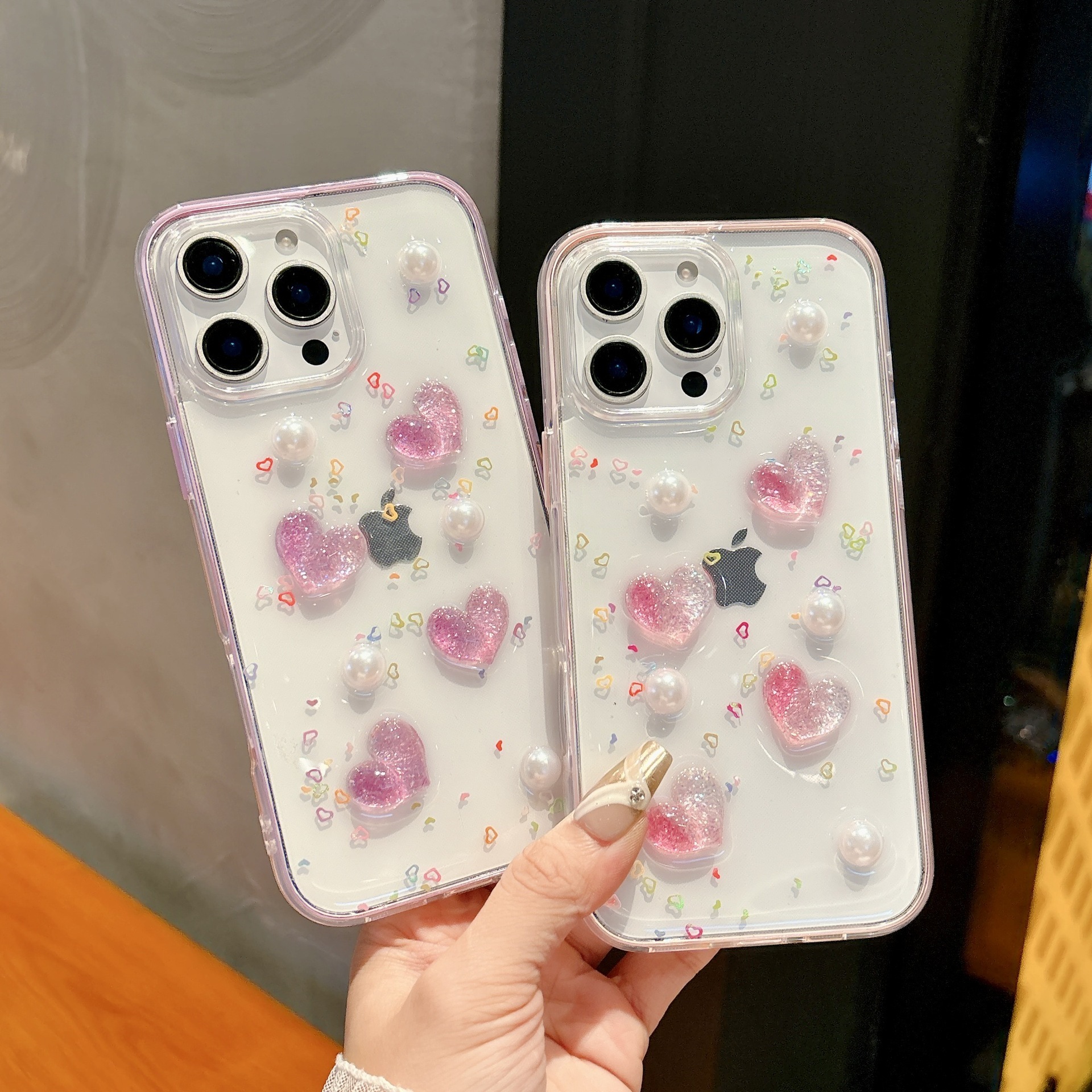 Candy Heart Phone Case Suitable for iPhone 16/15 Pro Max Pearl Transparent Protective Case iPhone 14/13 Pro