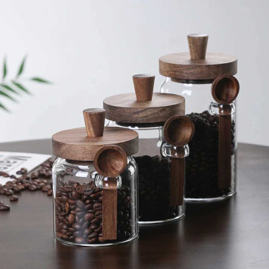 Glass Food Storage Containers with Wooden Lids and Scoop Glass Sealed Jar Airtight Food Storage Jar for Sugar Coffee Bean Candy Y251126