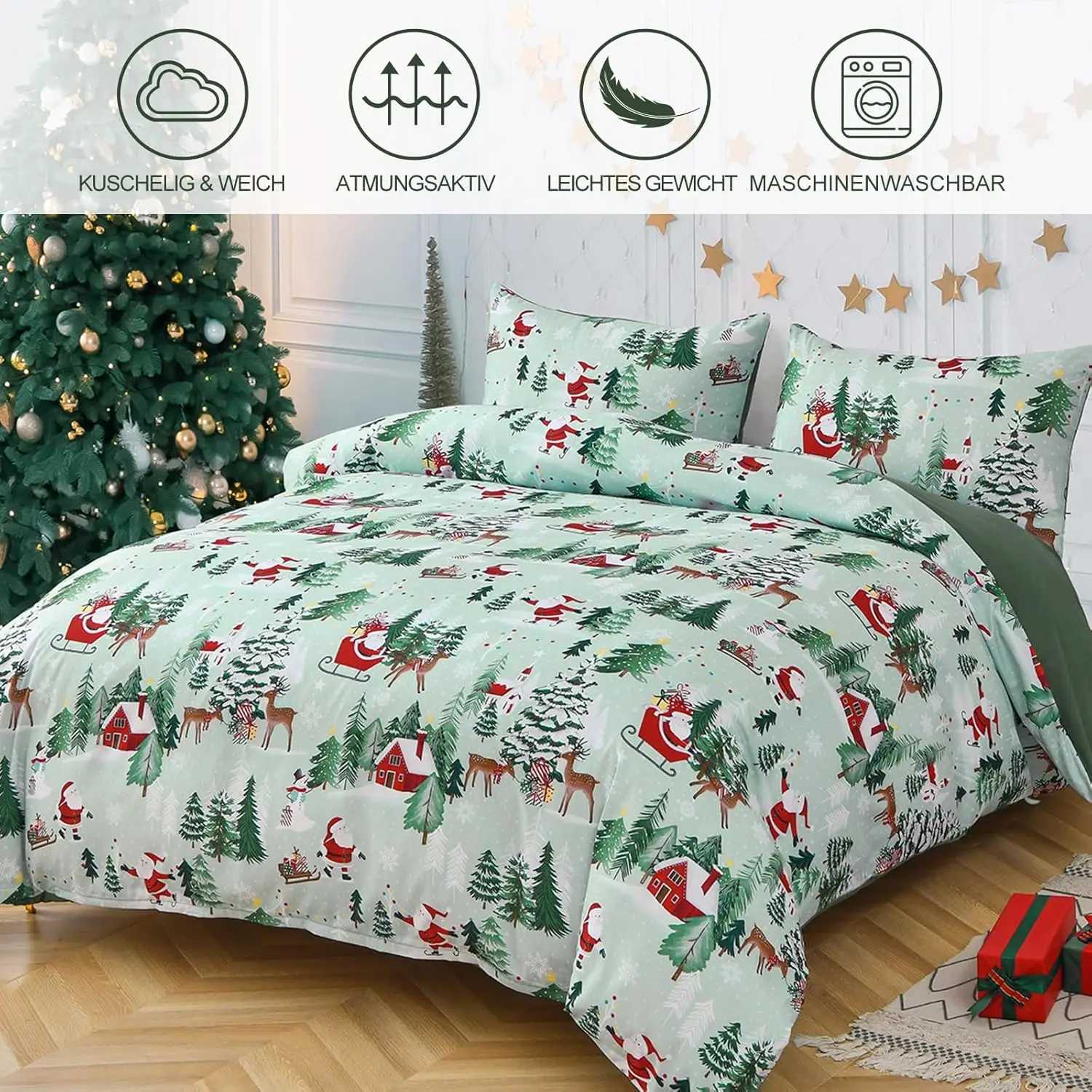 Christmas Green Christmas Duvet Cover Set - Double Santa Claus Christmas Tree Snowflake Pattern Soft Microfiber Bedding Set Y251126