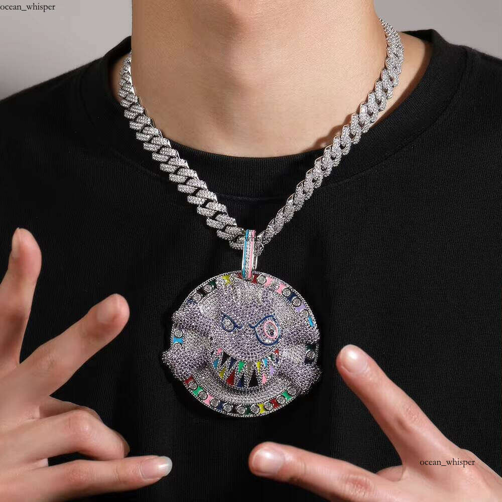 2023 New Cute Round VVS Moissanite Pendant Colorful Disc Cartoon Fashion Plate Necklace Large Size Rapper Accessories