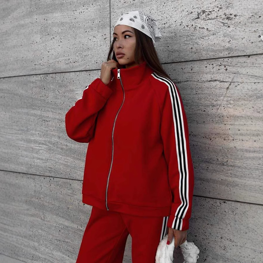 BOOFEENAA Spring 2020 Casaul Tracksuit Women 2 Piece Set Top And Pants Satin Striped Patchwork Zipper Sexy Sweatshirt Sweat Suit CX200707
