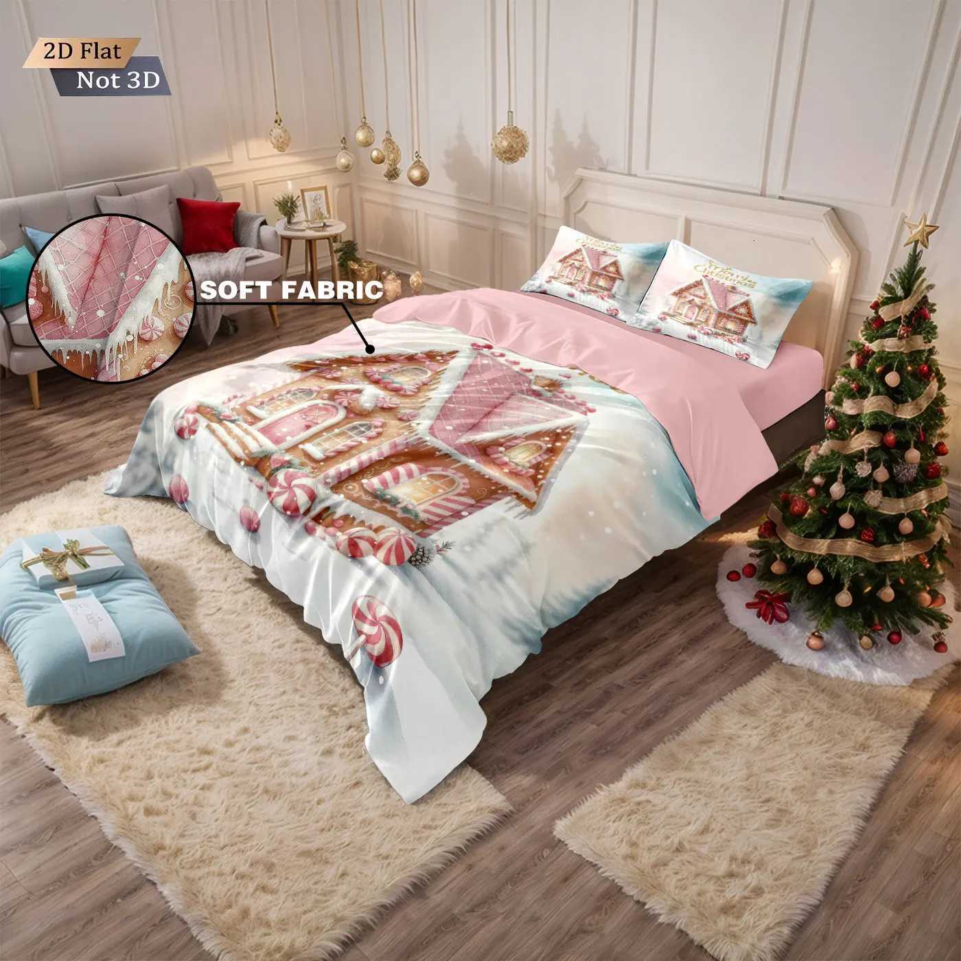 Christmas 3pcs pink romantic Christmas cottage Merry Christmas print choreless bedding set multi size bedroom bedding holiday decoration Y251126
