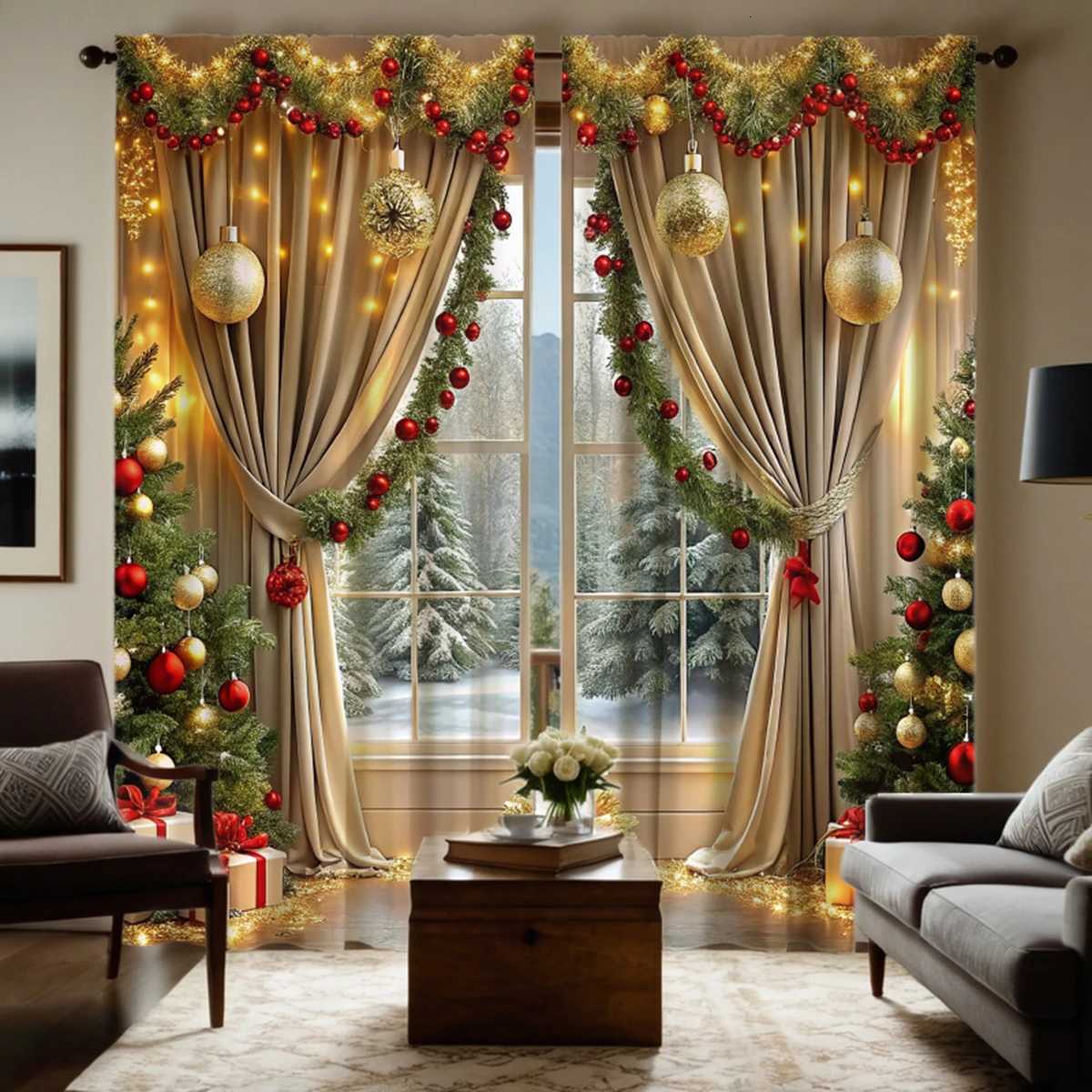 Christmas 2 pieces of HD digital curtain printing simulation valance yellow tie Christmas green latte red balloon home decoration style de Y251126